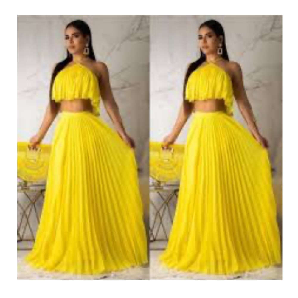 Yellow Pleated Maxi Skirt and crop top two piece set Women Skirts